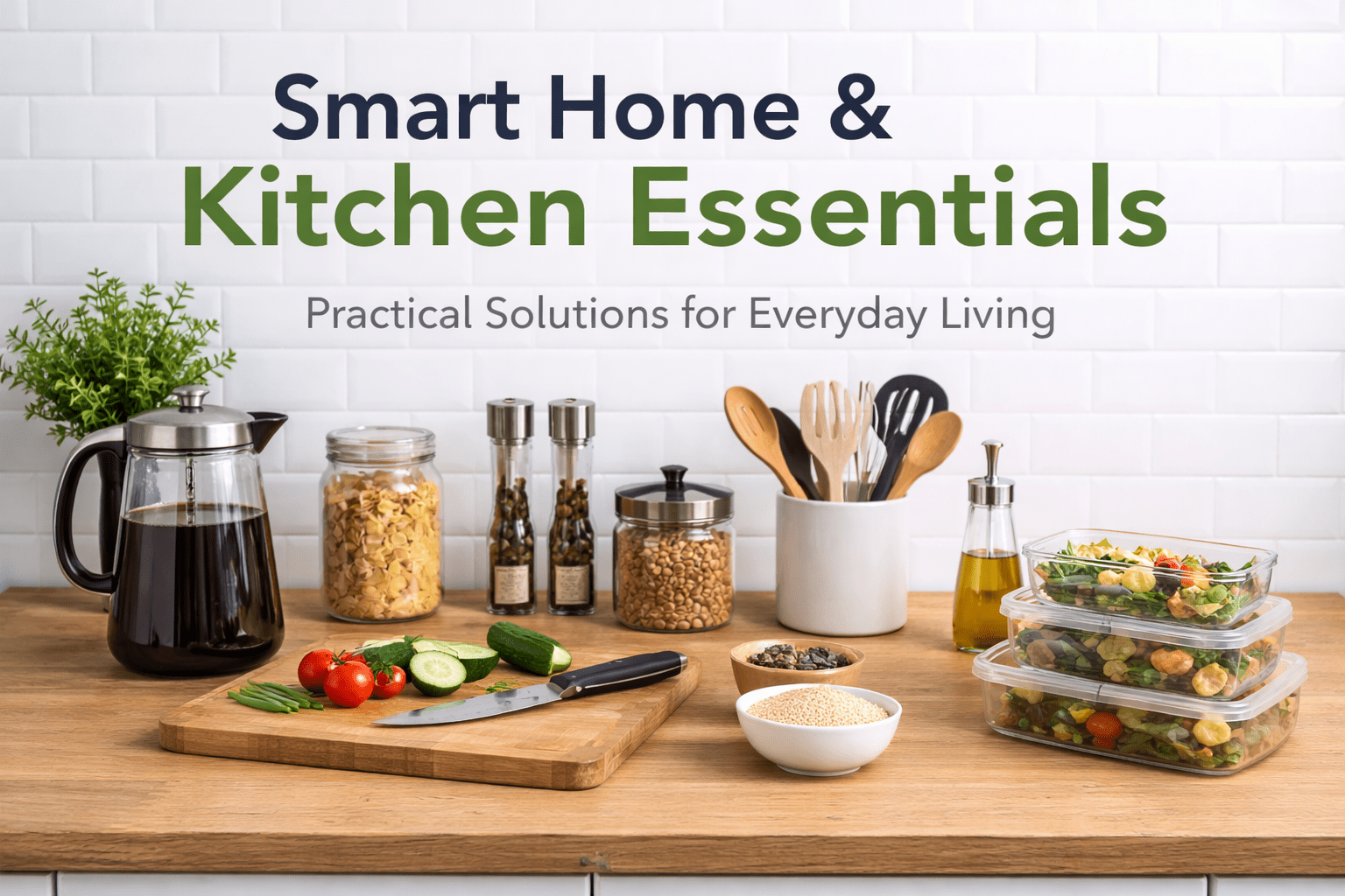 Smart home and kitchen essentials displayed in a clean, modern, organized kitchen space.