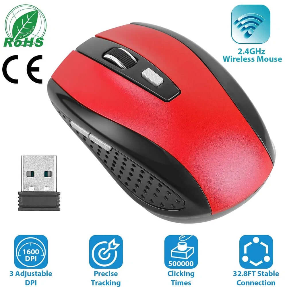2.4G wireless gaming mouse in red color with adjustable DPI settings and USB receiver for stable connection.