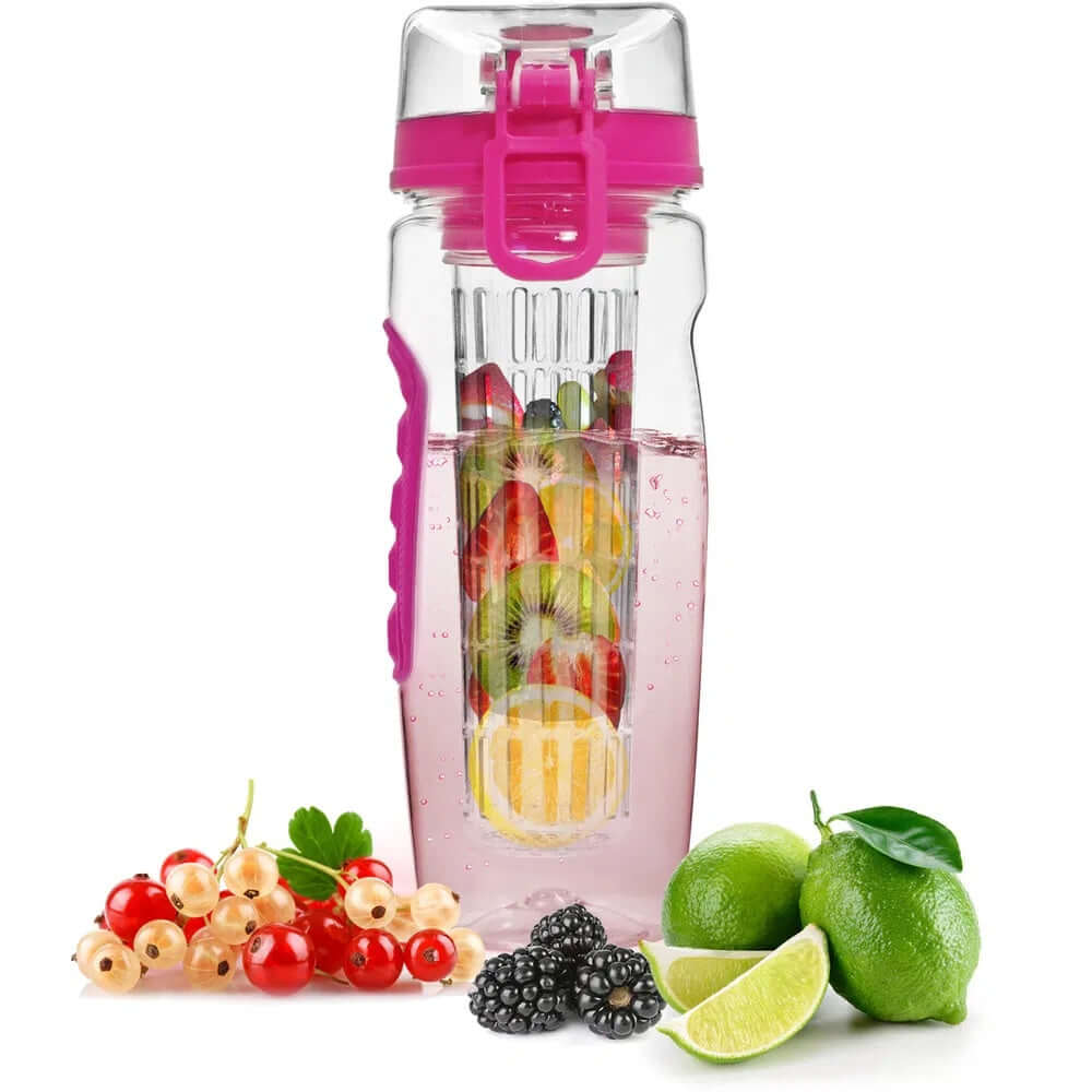 Color variants of 32oz fruit infuser water bottle – purple, black, and pink