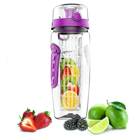 Color variants of 32oz fruit infuser water bottle – purple, black, and pink