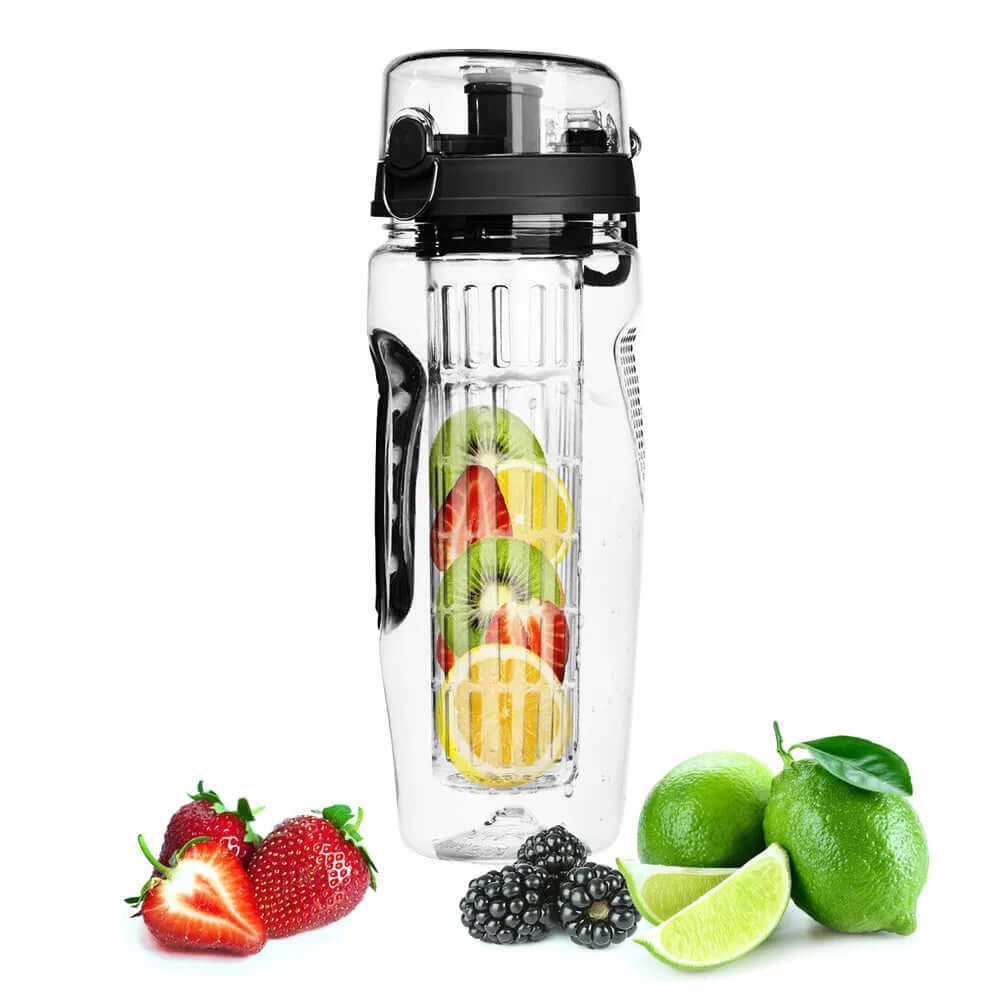 Color variants of 32oz fruit infuser water bottle – purple, black, and pink