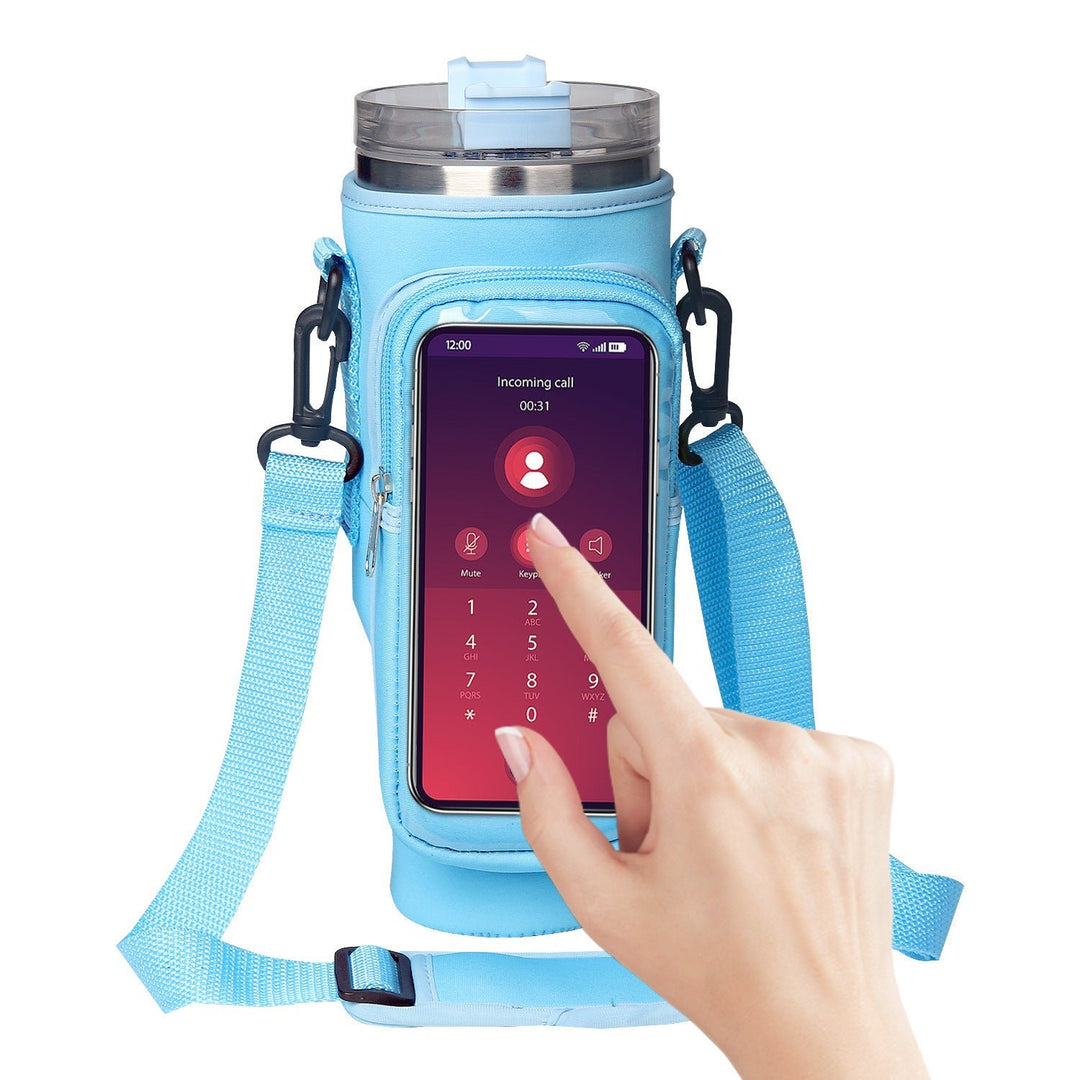 40oz water bottle sleeve with touch screen window in light blue color, showcasing phone interface and strap.