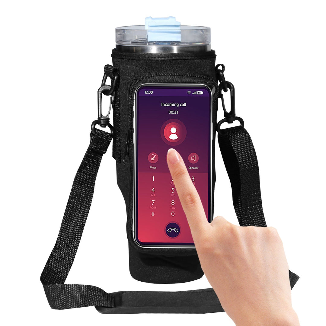 40oz water bottle sleeve with touch screen window and adjustable strap for easy access on the go.