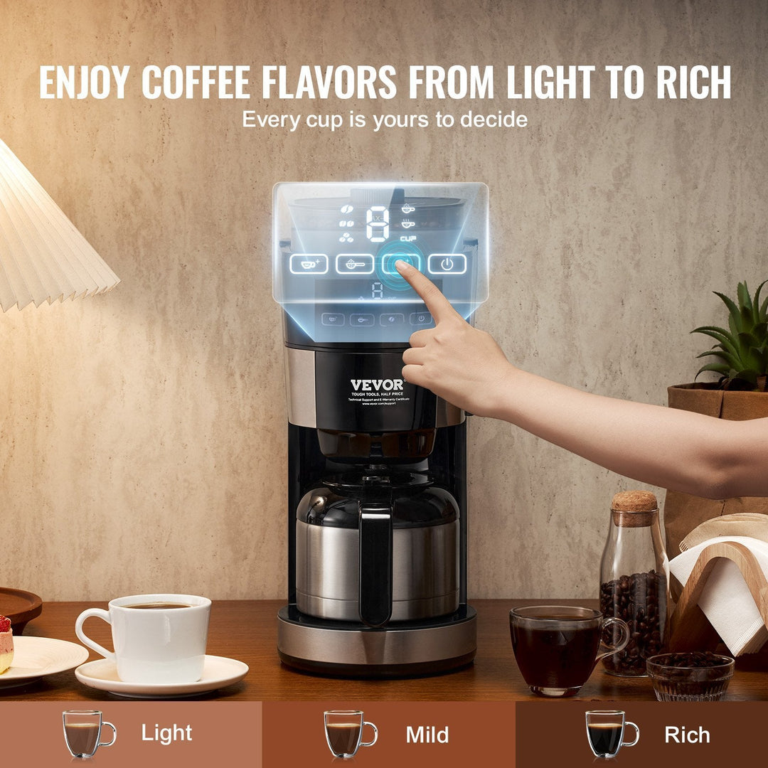 8 cup drip coffee maker with 3 brew strength settings