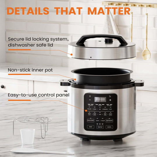 9 in 1 electric pressure cooker with digital control panel and stainless steel body