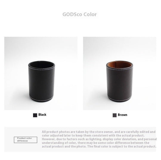 Round black leather pen holder for office desk organization