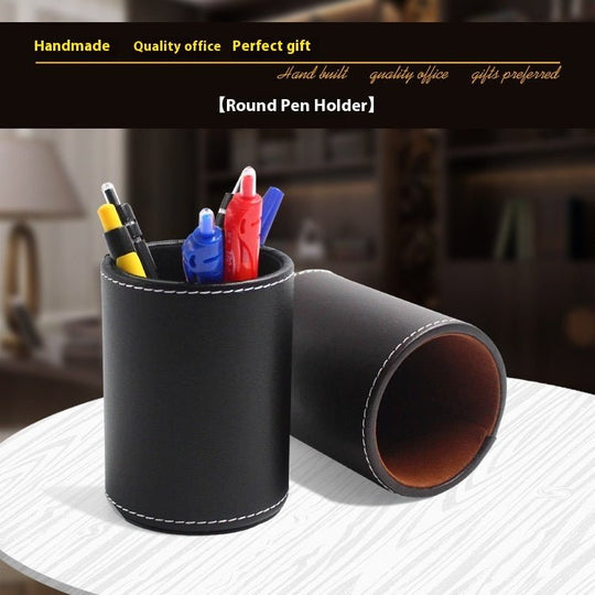 Round black leather pen holder for office desk organization