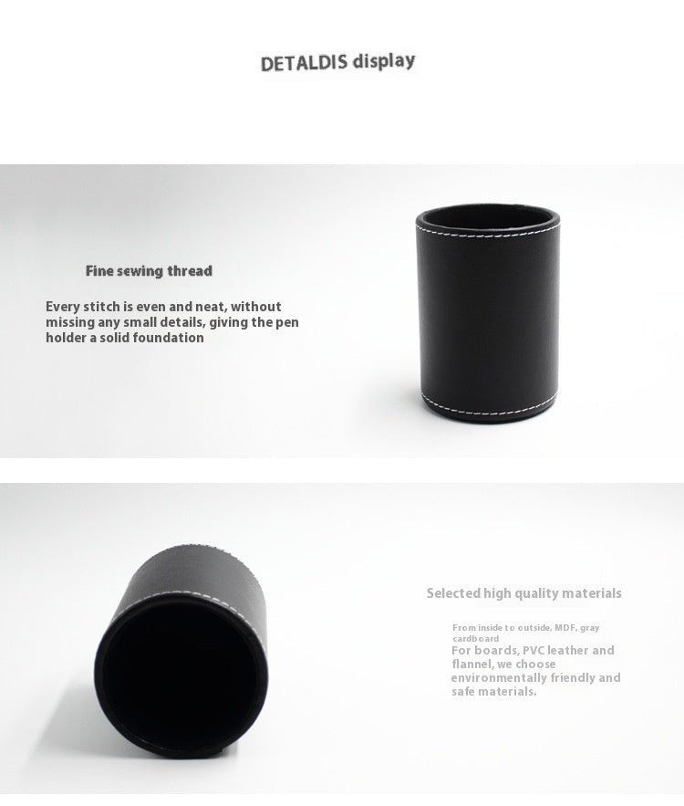 Round black leather pen holder for office desk organization