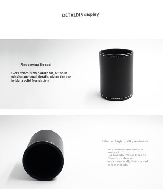 Round black leather pen holder for office desk organization