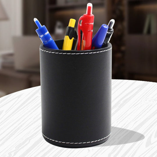 Round black leather pen holder for office desk organization