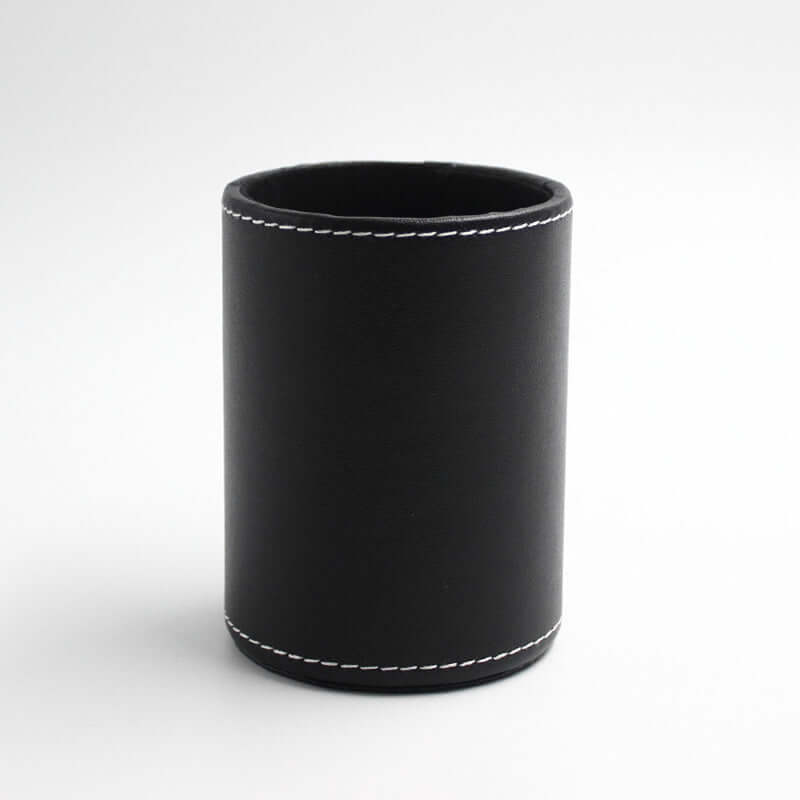 Round black leather pen holder for office desk organization