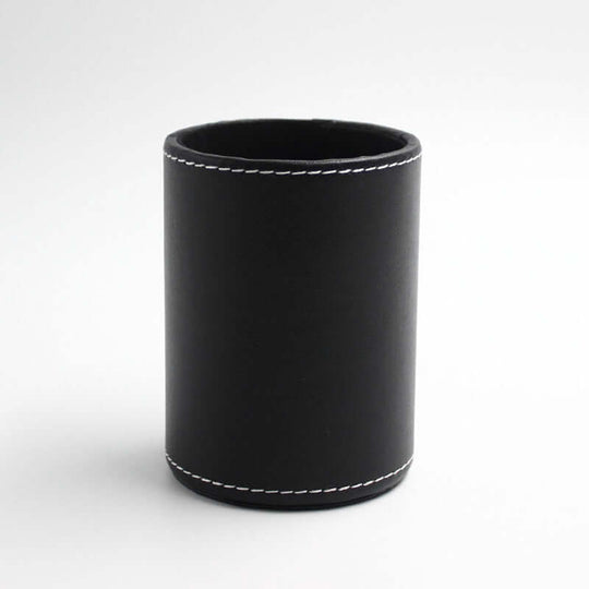 Round black leather pen holder for office desk organization