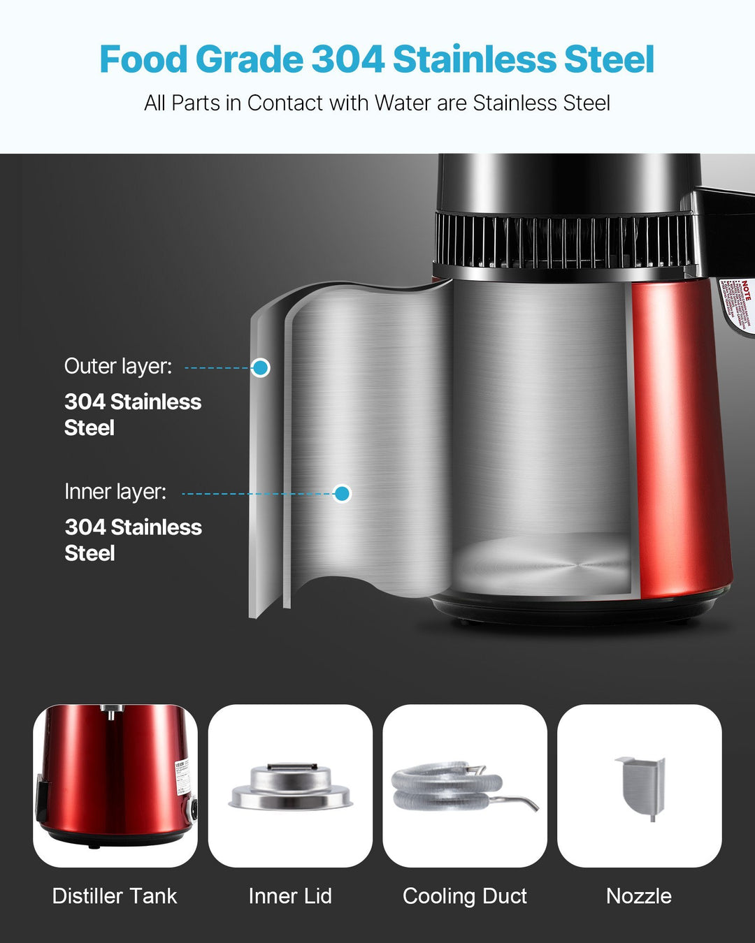 4L Water Distiller Home Countertop Purifier Machine 1750W Stainless Steel Glass