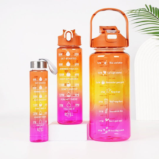 Gradient motivational water bottle set with straw in multiple sizes for sports and outdoor hydration