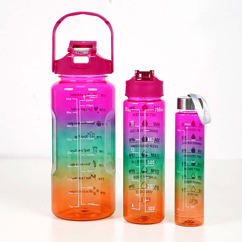Gradient motivational water bottle set with straw in multiple sizes for sports and outdoor hydration