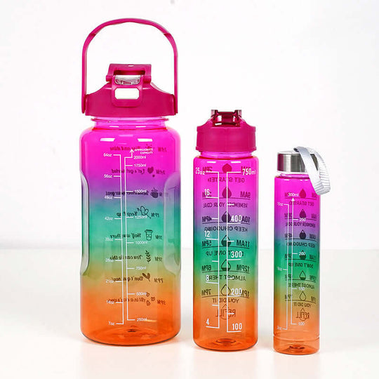 Gradient motivational water bottle set with straw in multiple sizes for sports and outdoor hydration