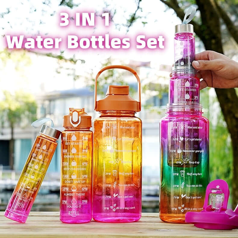 Gradient motivational water bottle set with straw in multiple sizes for sports and outdoor hydration
