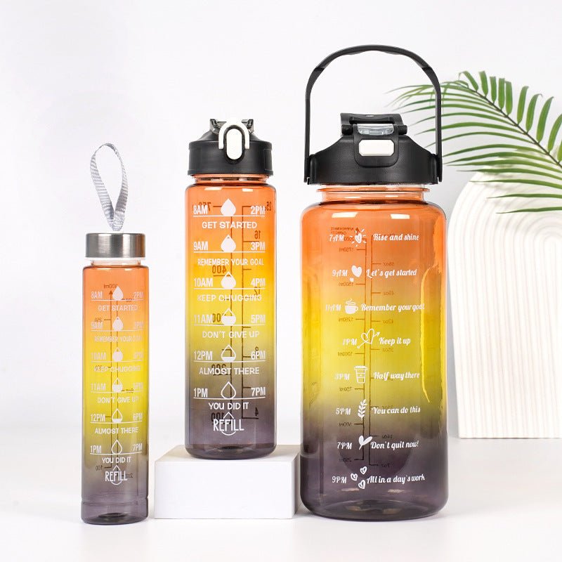 Gradient motivational water bottle set with straw in multiple sizes for sports and outdoor hydration