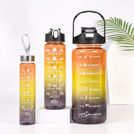 Gradient motivational water bottle set with straw in multiple sizes for sports and outdoor hydration