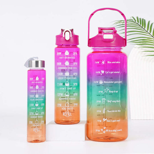Gradient motivational water bottle set with straw in multiple sizes for sports and outdoor hydration