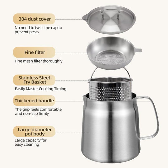 stainless steel oil filter pot with fine strainer and lid